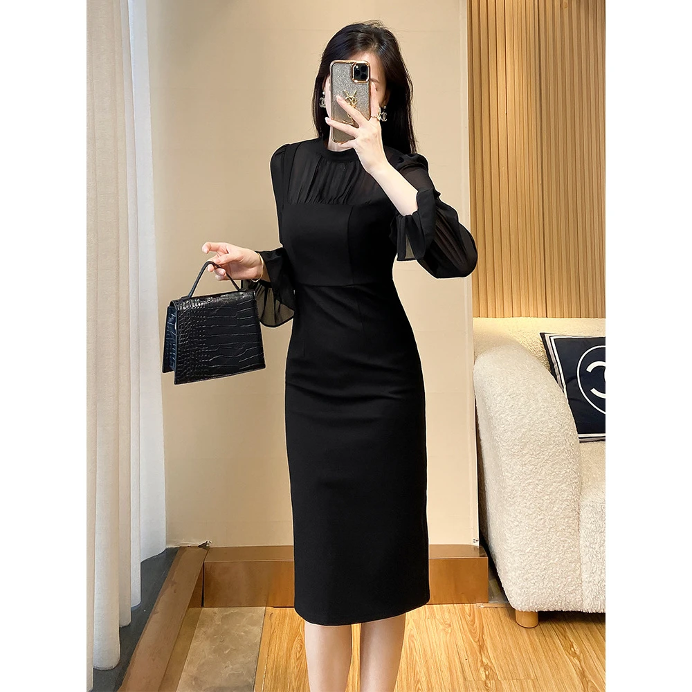 2025早春新款气质感长袖黑色连衣裙裙子收腰显瘦职业女神范小黑裙