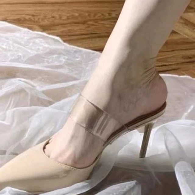 透明一字带包头外穿拖鞋女2025春季裸色漆皮高跟凉拖细跟半拖凉鞋