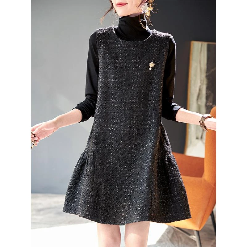 DUCURNO圆领格子亮丝背心连衣裙女2025秋季新款外搭气质显瘦中裙