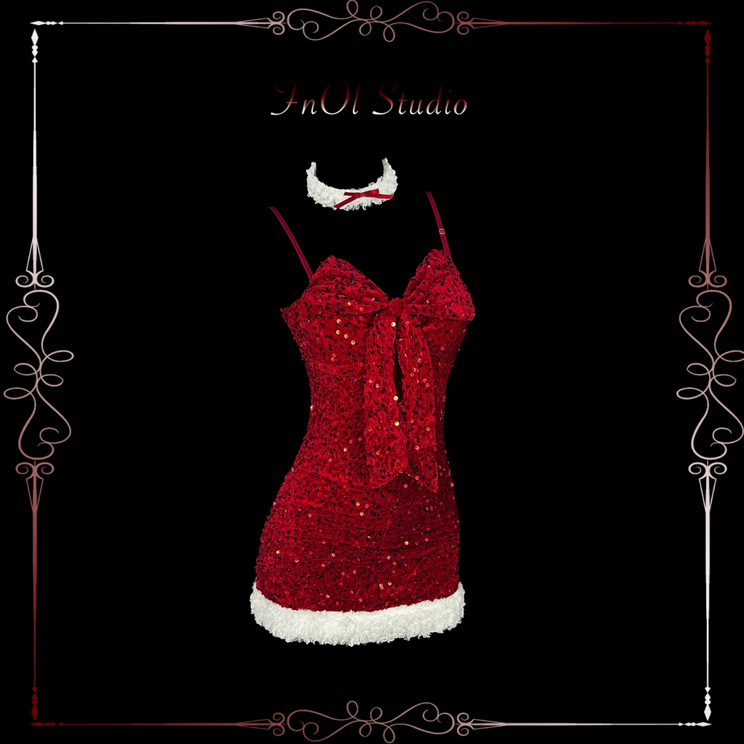 「圣诞限定」圣诞结 纯欲吊带显瘦亮片修身连衣裙性感套装氛围感女