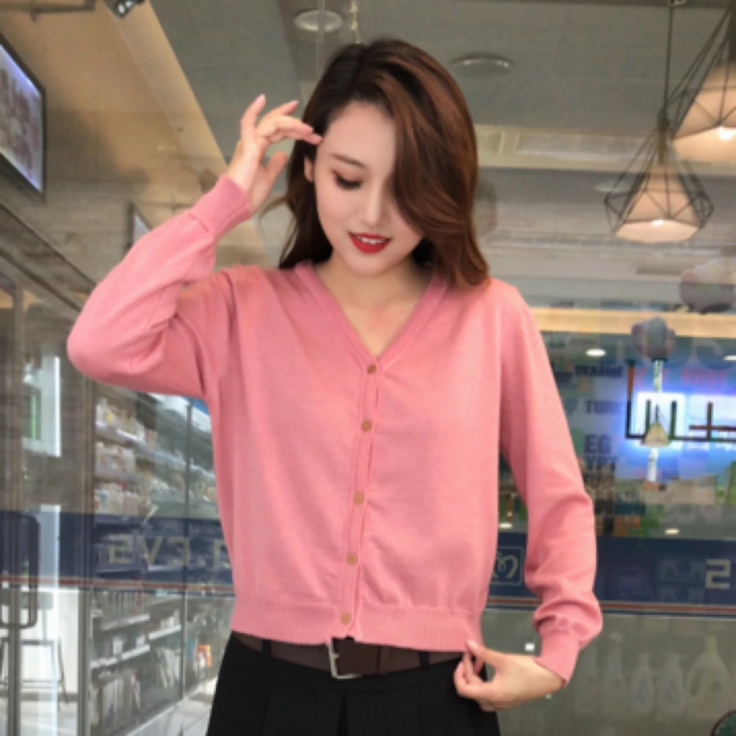 春季新款长袖v领纯色针织开衫时尚气质上衣