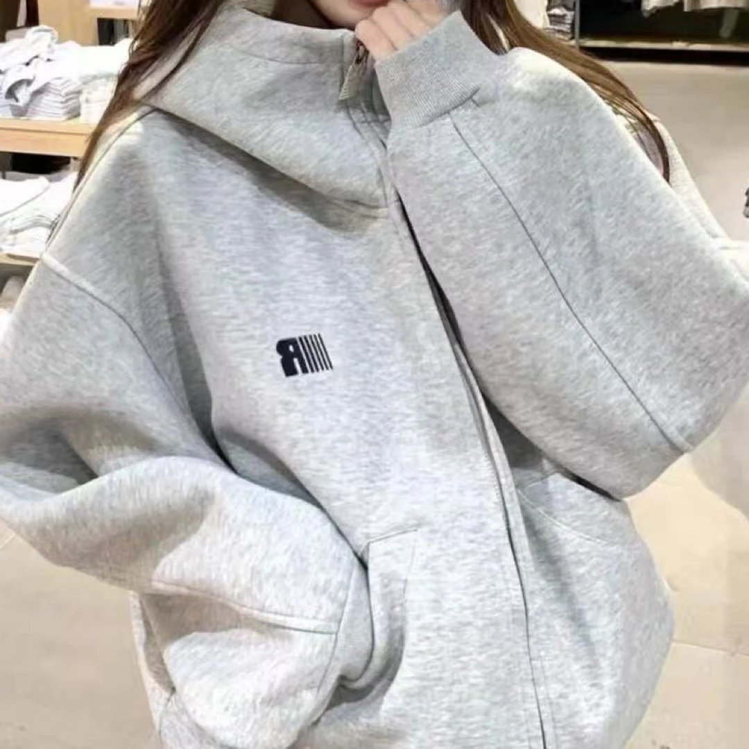 9169美式高领连帽卫衣女秋冬季宽松拉链情侣外套