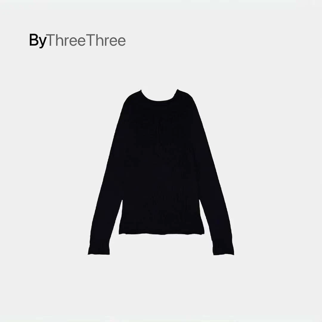 纯棉纱线小高领开叉卷边设计宽松镂空针织毛衣纯色套头