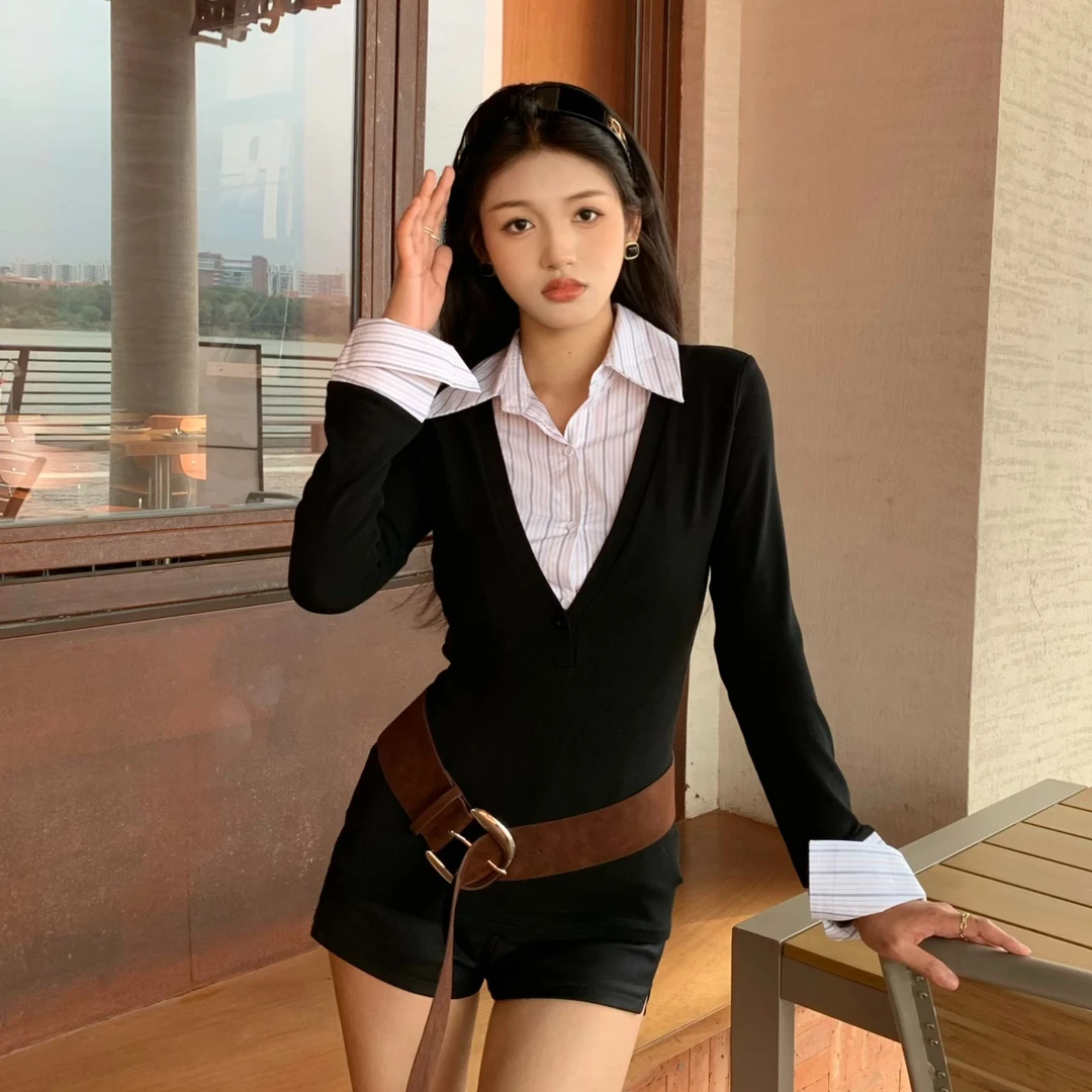 韩系假两件v领T恤冬辣妹设计感拼接长袖衬衫显瘦百搭SY003