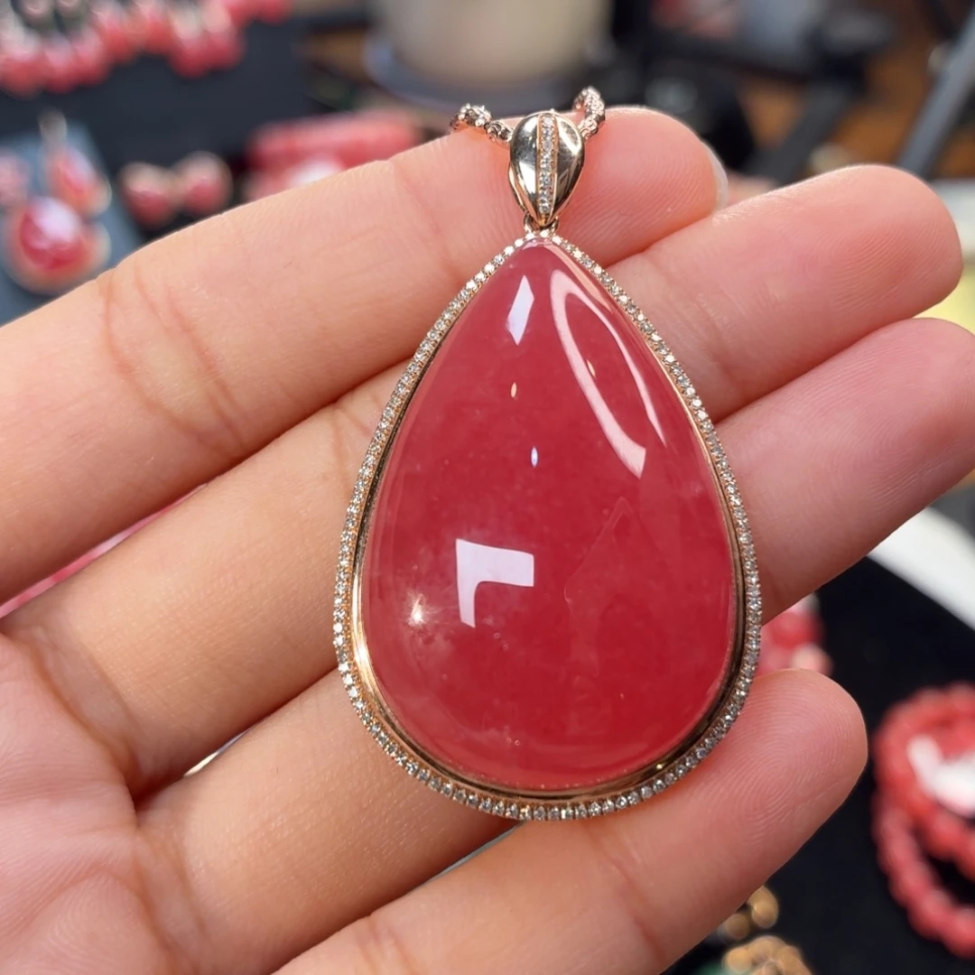 菱锰矿（红纹石）18K金镶嵌吊坠(不含链)