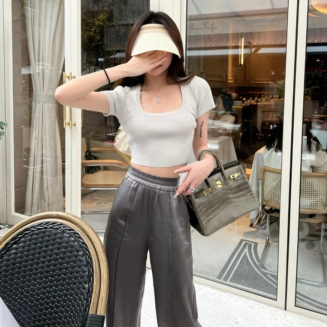 冰丝小众短袖T恤女夏新款ol短款针织衫薄款上衣WPL9178#