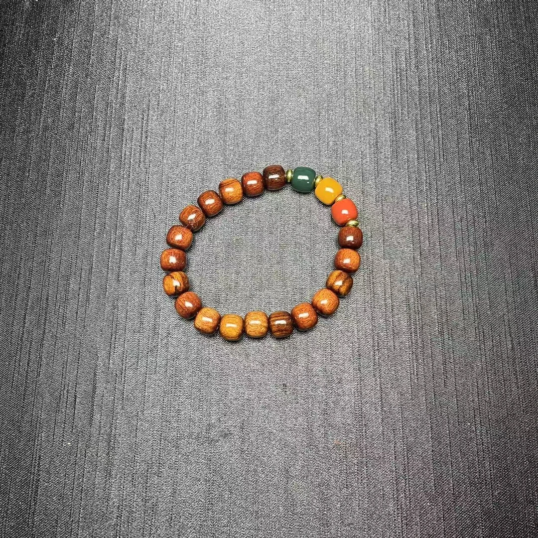 yhy095-黄花梨红黄绿手串1.2＊14