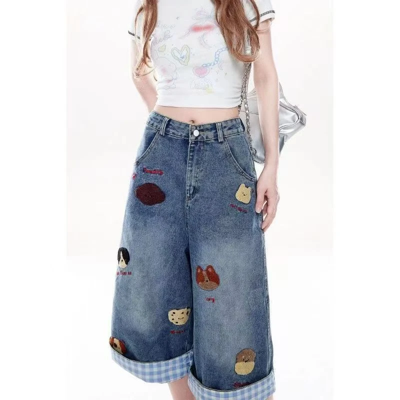 夏季新款设计感格纹拼接牛仔七分裤女高腰宽松百搭显瘦直筒阔腿裤