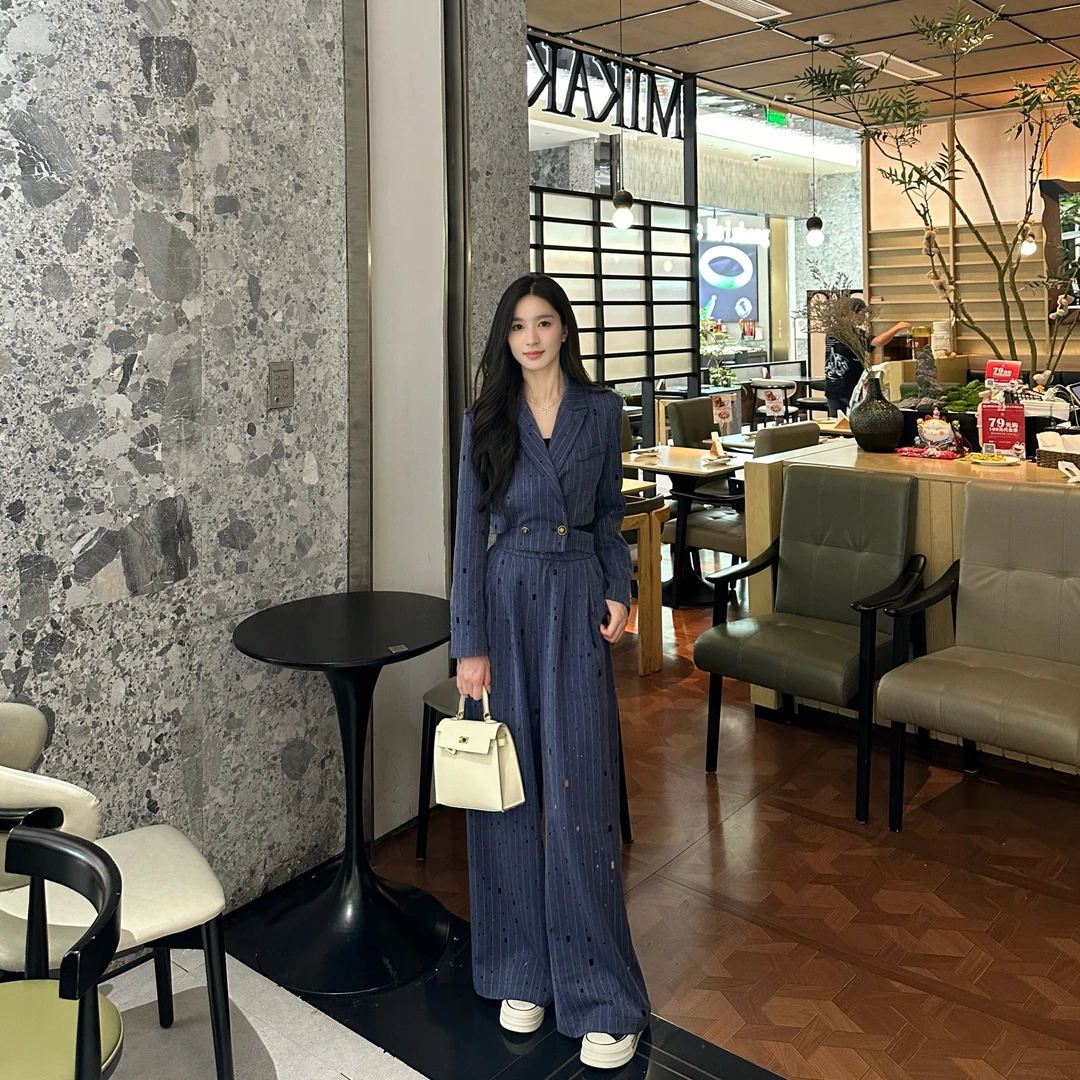 【24TZ076】BKLiixu高级感西装套装女烫钻镂空外套阔腿裤两件套