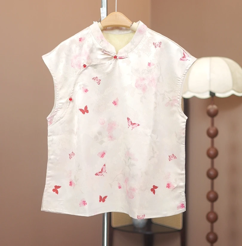 【非白】新中式无袖上衣复古改良国风盘扣衬衫提花立领旗袍小衫