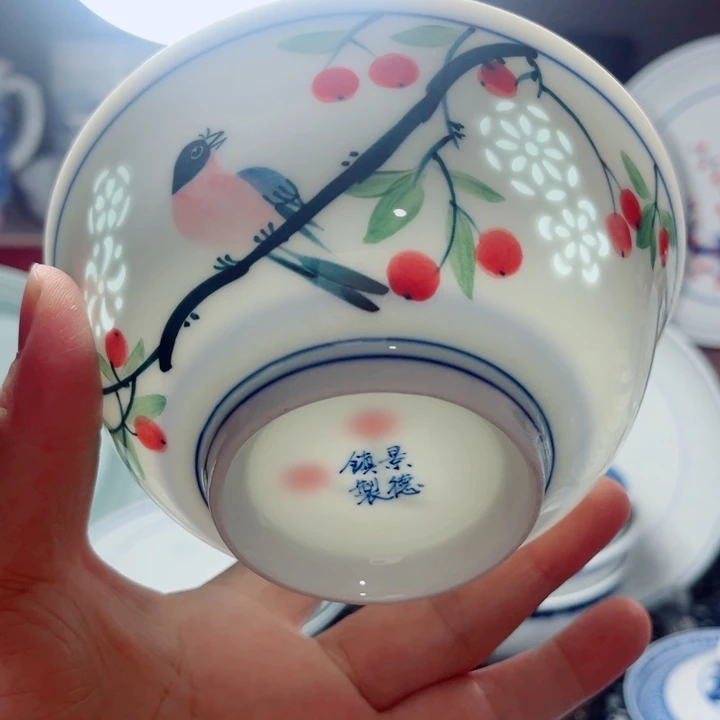 青花玲珑5寸饭碗手绘花鸟