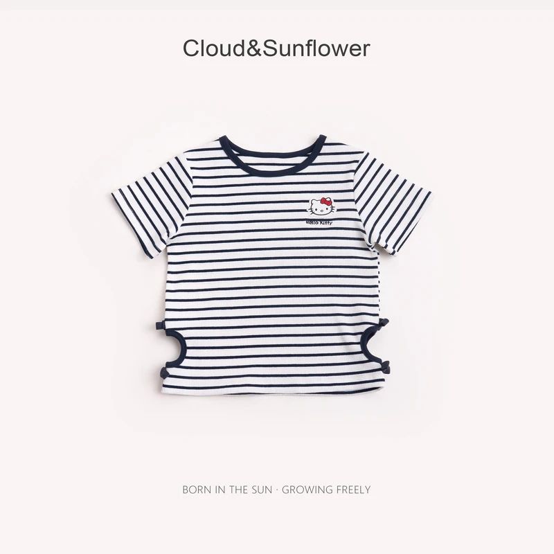 【云朵小葵】女童夏季时尚新款条纹小猫印花洋气休闲圆领T恤1114240