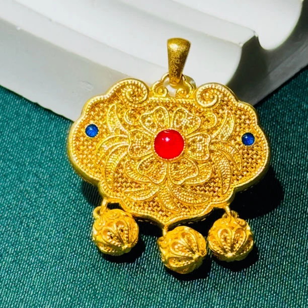 黄金足金999花丝凤华国潮珐琅彩铃铛锁包吊坠