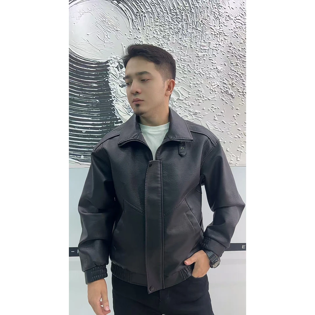 秋季新款高级感外套翻领立领机车服男士美式复古休闲皮衣2320