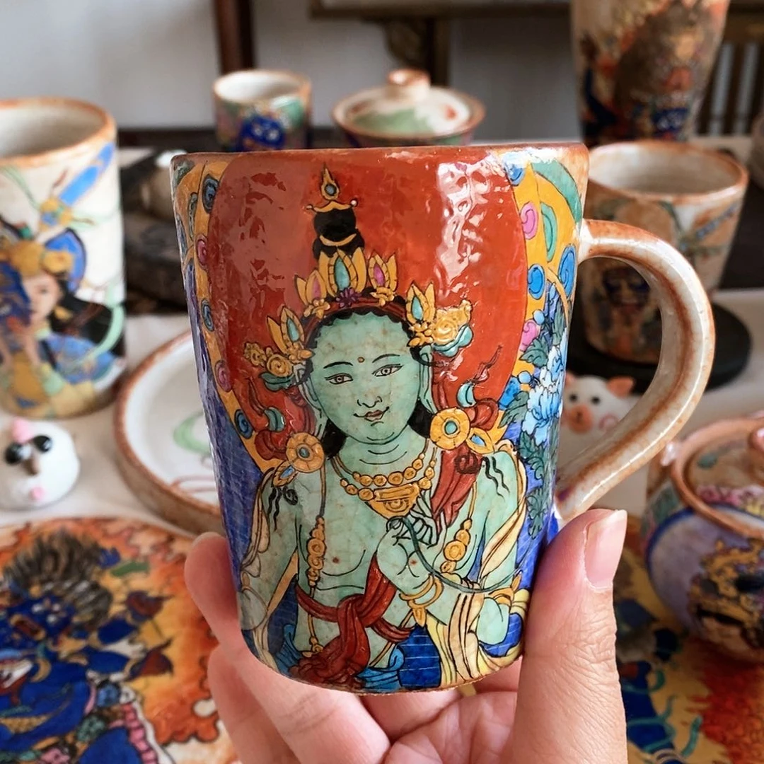 手工手绘绿度母马克杯