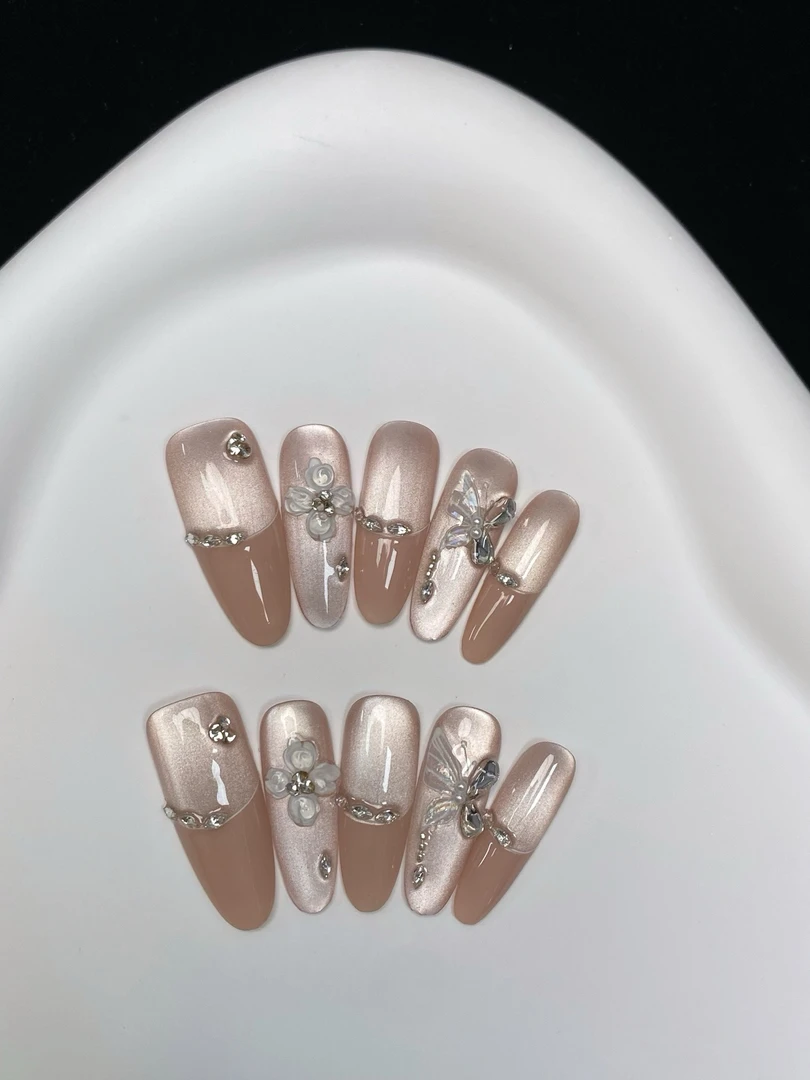 【星朵轻奢】彩绘冰花-纯手工穿戴甲裸色猫眼花瓣显白美甲御姐风