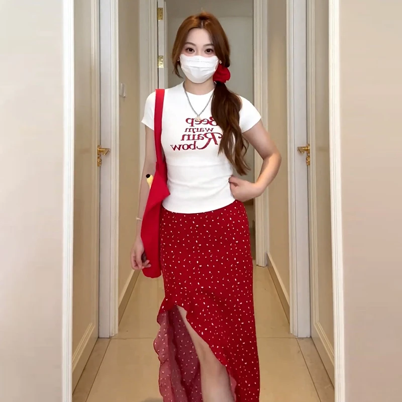 红色不规则碎花半身连衣裙女夏季2025新款海边度假穿搭长裙1764