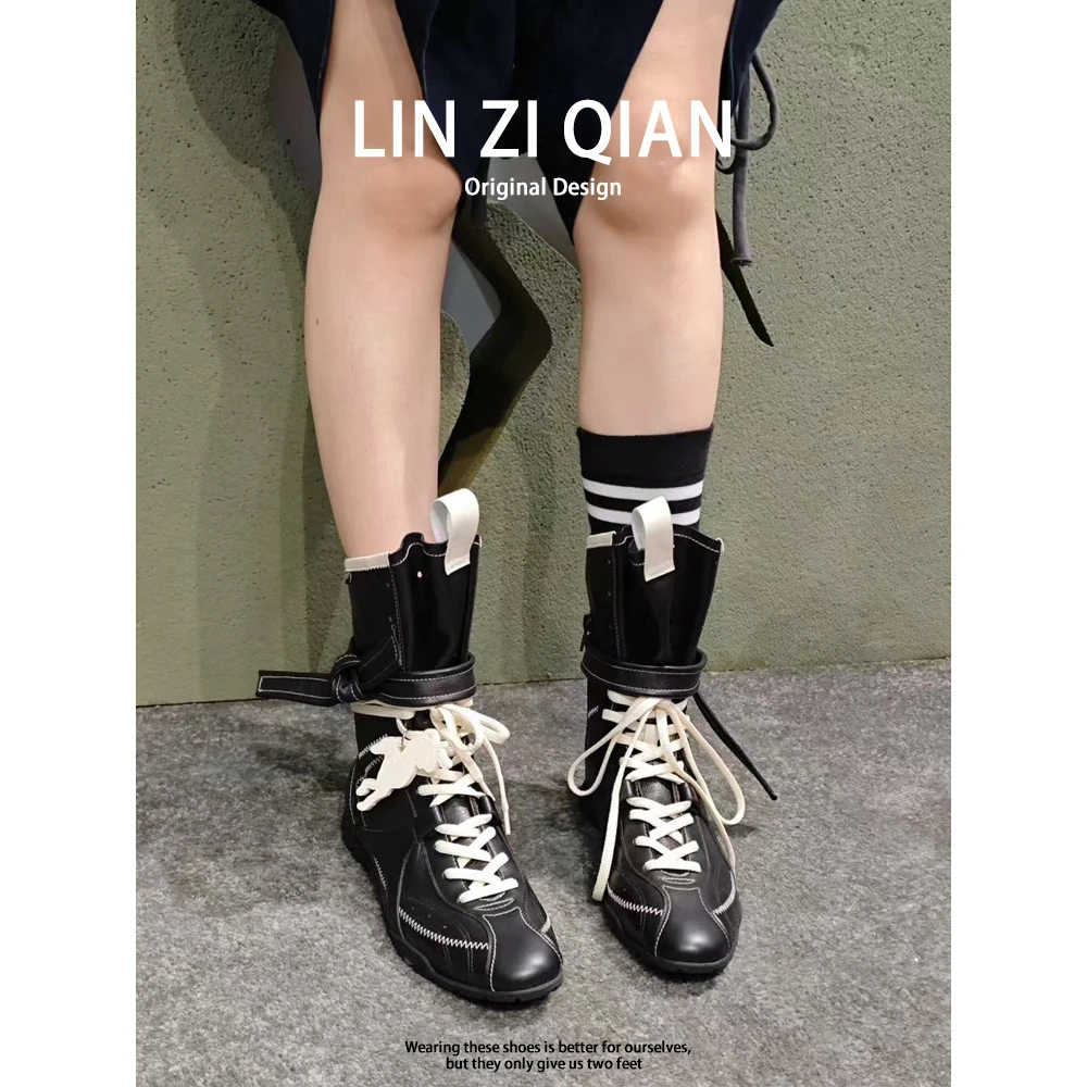 【澳门专柜正品】羊皮版~内增高平底拳击靴女复古英伦磨砂皮系带短