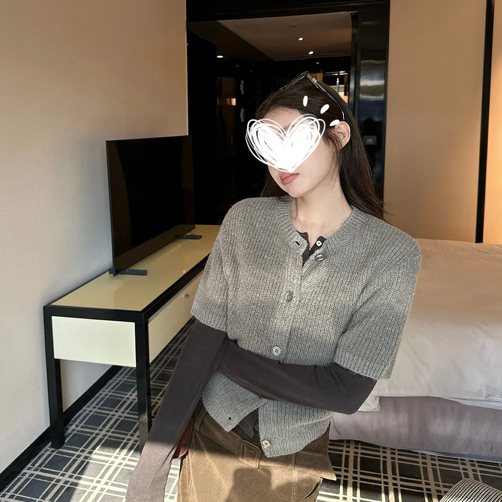 坑条外搭开衫宽松针织衫女秋季新款韩系休闲显瘦T恤叠穿套装