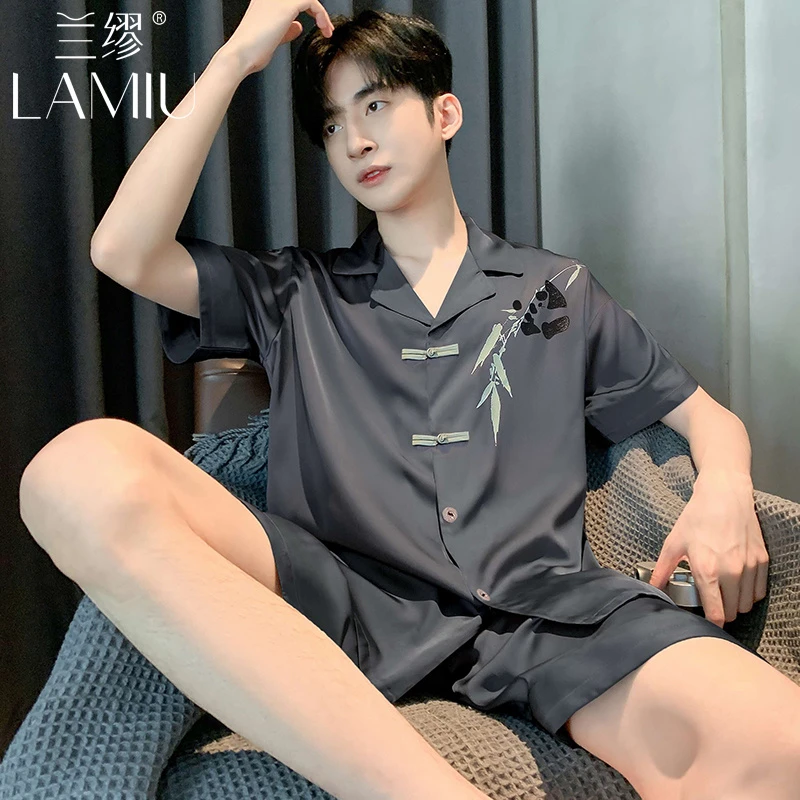 中国风男士睡衣夏季冰丝2025新款仿真丝绸短袖春秋天款家居服套装