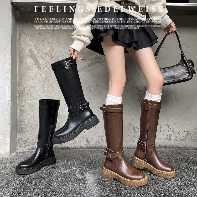 显瘦长靴2025冬季新款真皮高筒女靴子厚底小个子骑士靴长筒瘦瘦靴