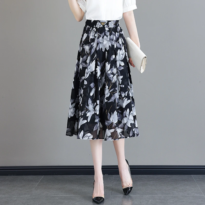 拉夏贝尔雪纺碎花半身裙女夏季薄款2025年新款小个子高腰百褶伞裙