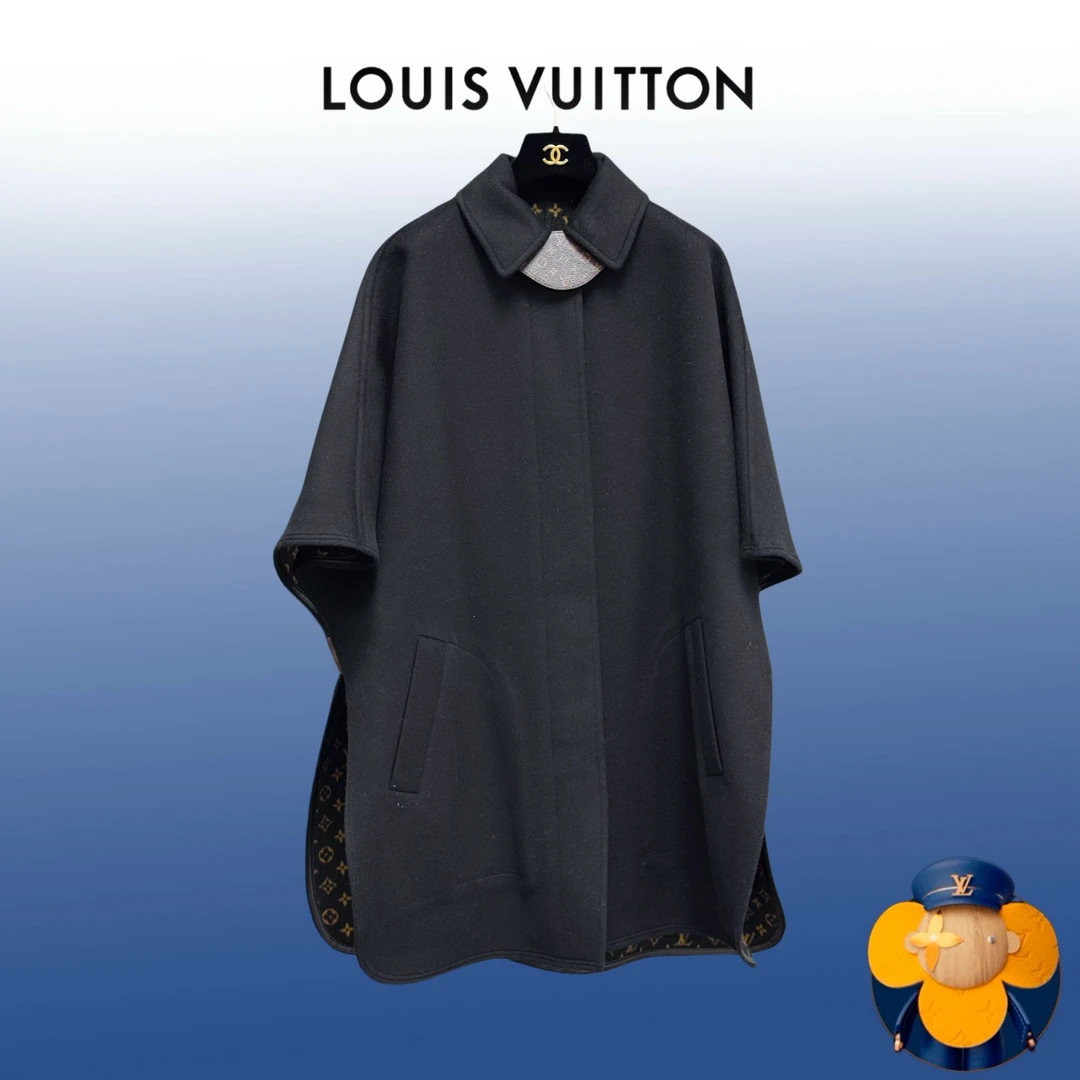 99新 LouisVuitton/路易威登 32码黑色内拼老花羊毛斗篷大衣