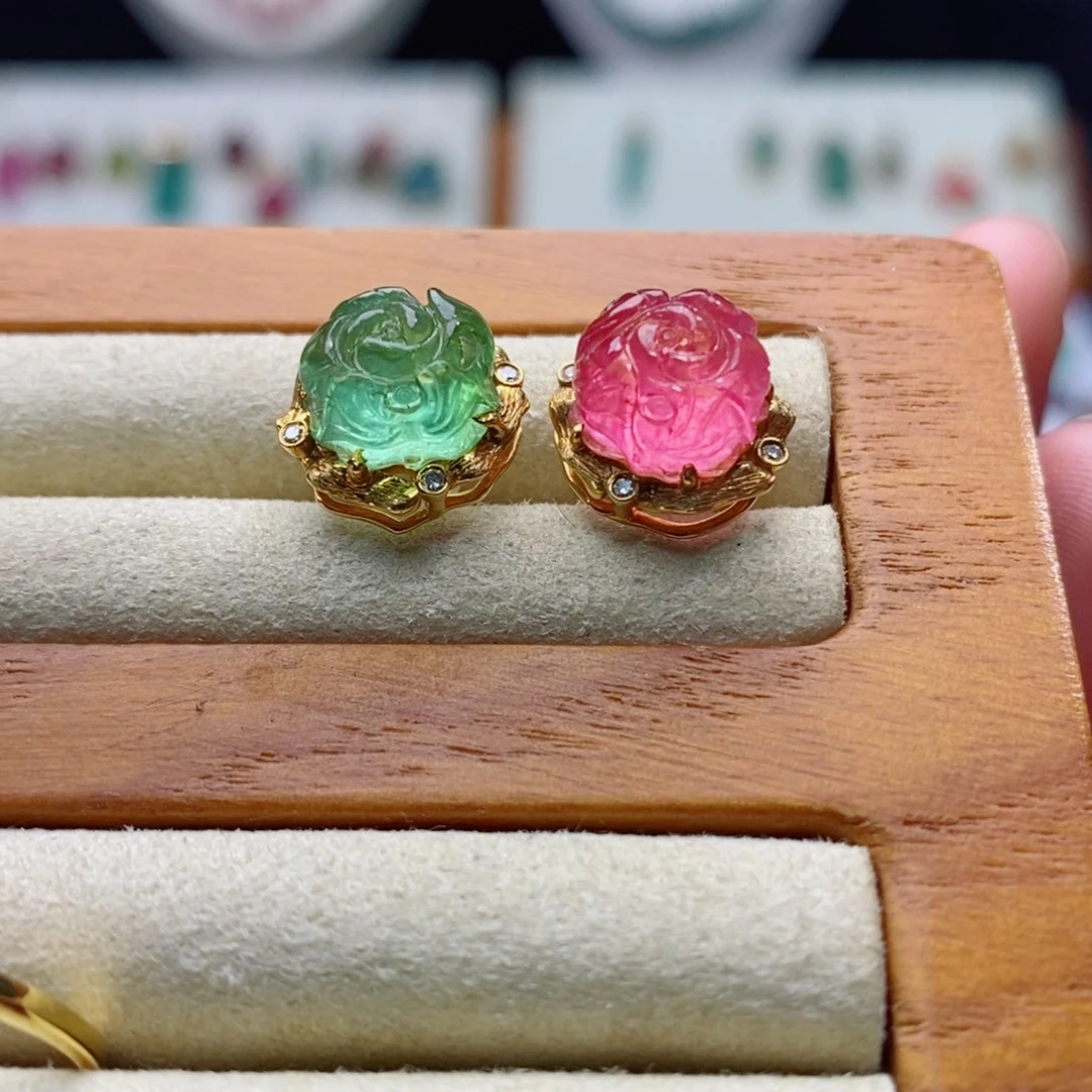 18K金镶嵌耳饰碧玺牡丹花耳钉yy
