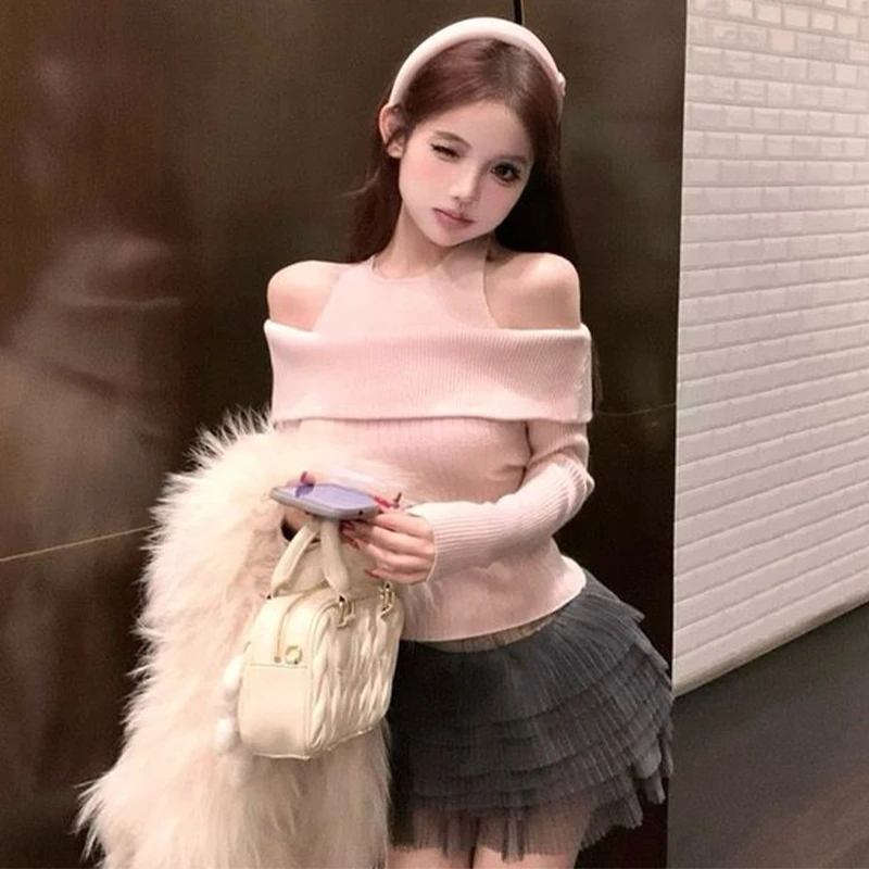 粉色假两件一字肩挂脖毛衣女春秋修身内搭纯欲露肩针织打底衫上衣