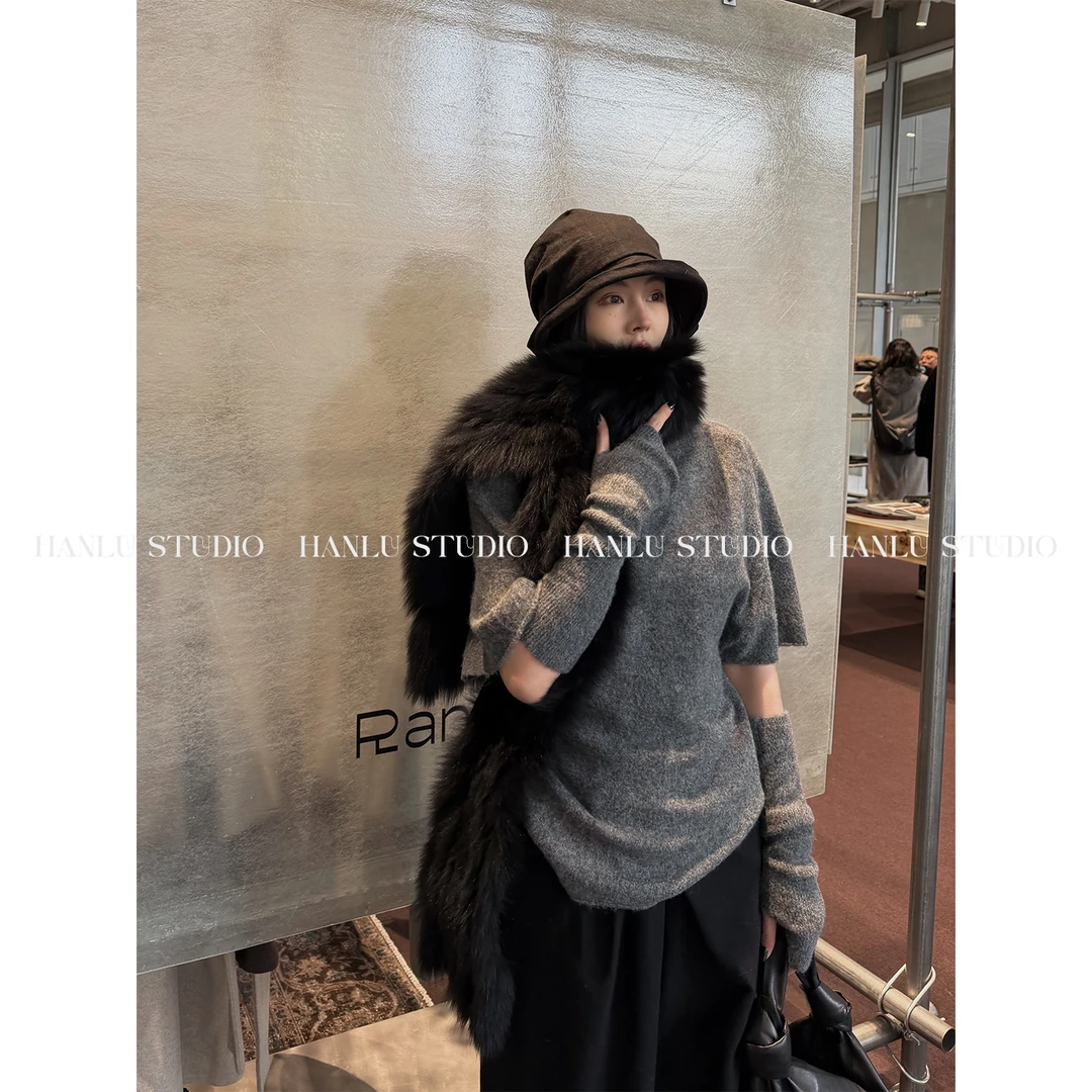 HANLU STUDIO品牌原创氛围感短袖针织可拆袖套收腰羊毛深灰色上衣