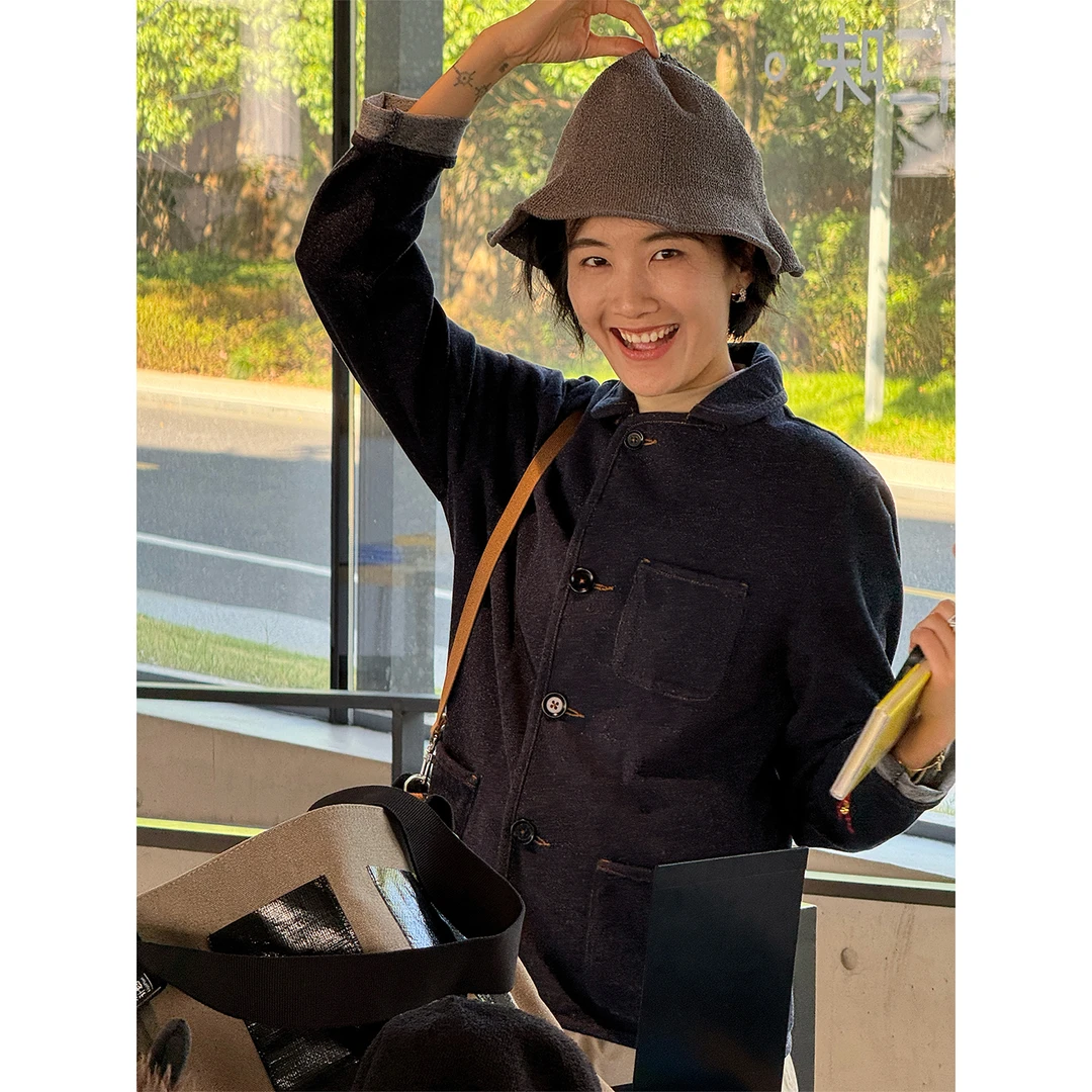 LANGQING 藏青色纯棉复古牛仔外套女秋装宽松长袖翻领上衣45038#