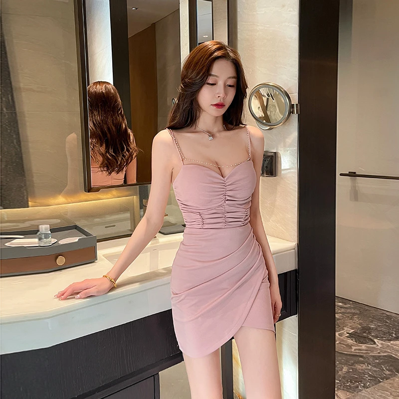 性感纯欲风收腰紧身钻链拼接吊带连衣裙女气质夜店蹦迪装包臀短裙