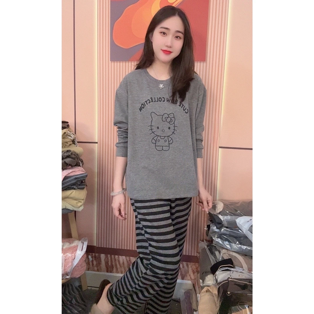睡衣女冬季新款羊绒保暖舒适休闲可外穿家居服套装（条纹kitty猫）