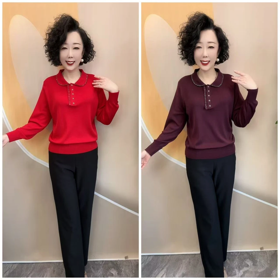 年货新款优雅妈妈设计感烫钻翻领针织宽松打底衫