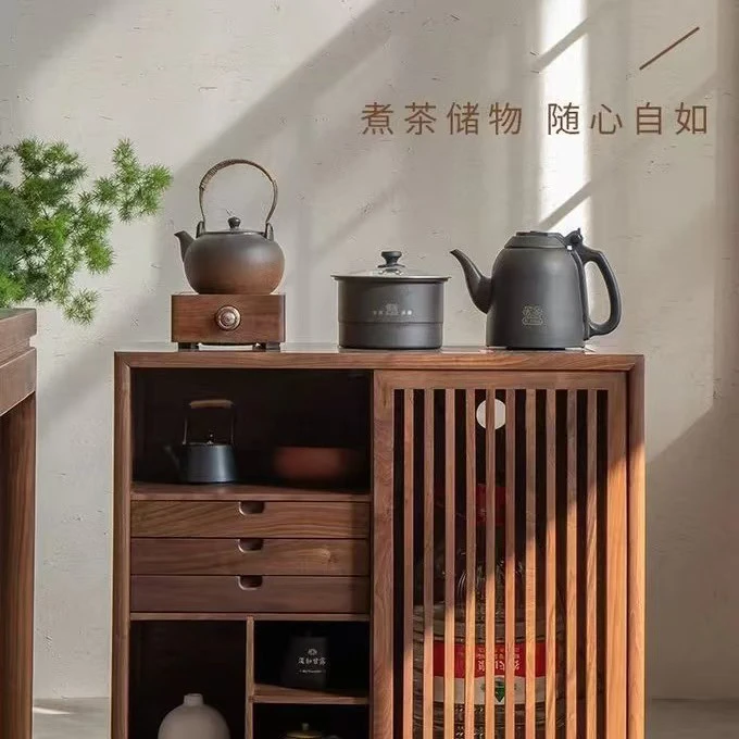 新中式老榆木茶水柜收纳柜家用禅意实木客厅简约茶边柜茶水台储物