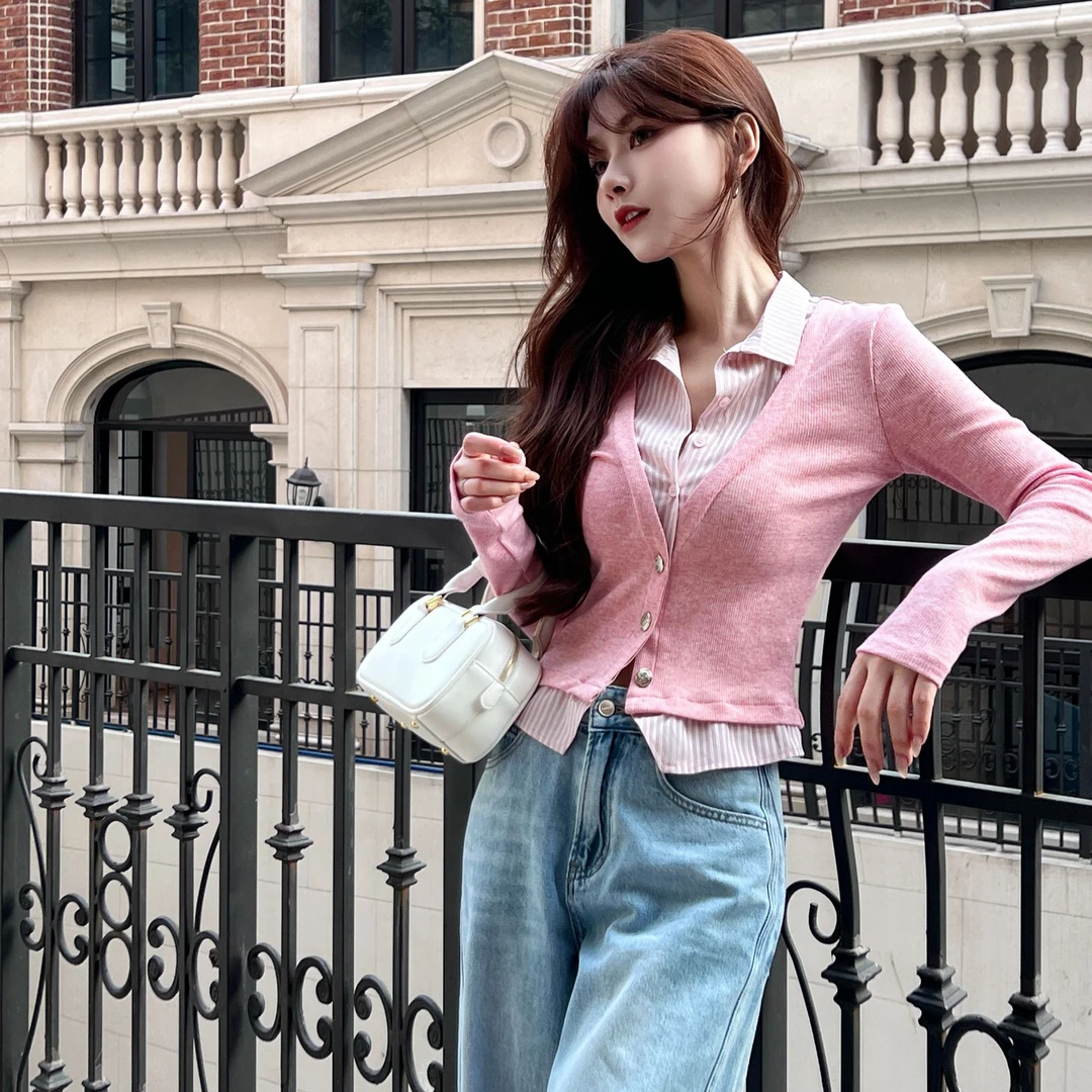 【海欧高智感】假两件气质衬衫拼接针织开衫修身长袖显瘦韩版撞色