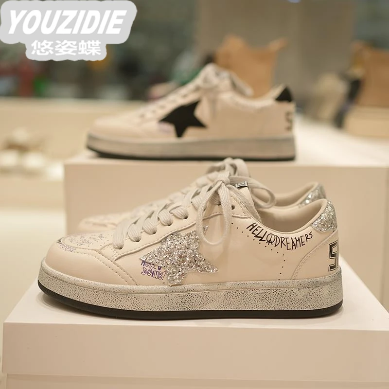 擦色做旧小脏鞋2025新款亮片星星字母小白鞋轻奢百搭运动休闲板鞋