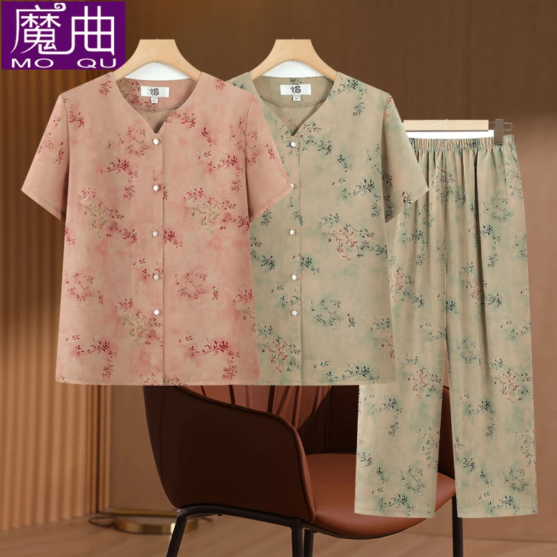 中老人夏装女奶奶短袖套装老太太上衣60岁70妈妈装夏季两件套