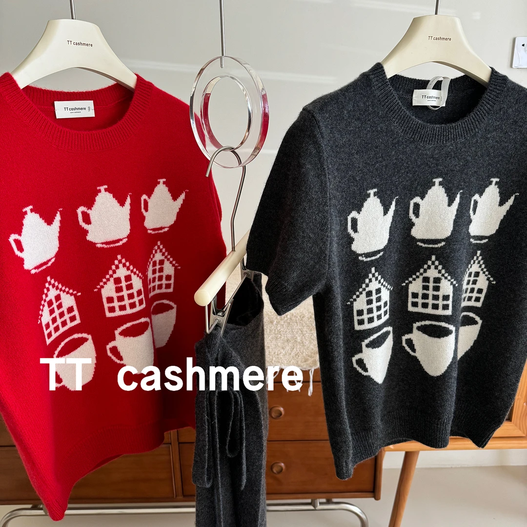 TT cashmere纯山羊绒趣味提花针织衫茶壶房屋图案短袖毛衣圆领