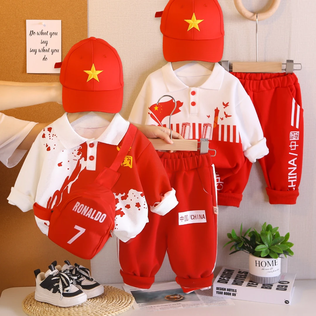 【沫沫家】男女宝春秋洋气红色翻领套装儿童喜庆长袖拼色时尚帅气
