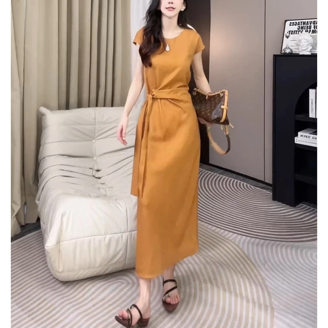 2025夏季新款时尚设计感系带收腰显瘦飞飞袖中长款休闲连衣裙子潮