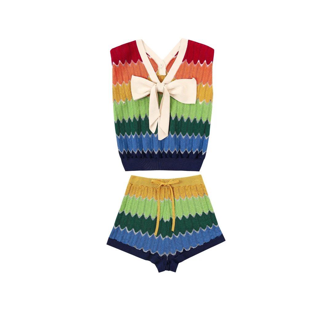 多巴胺彩虹色蝴蝶结针织背心套装女2025春夏新款设计感短裤两件套