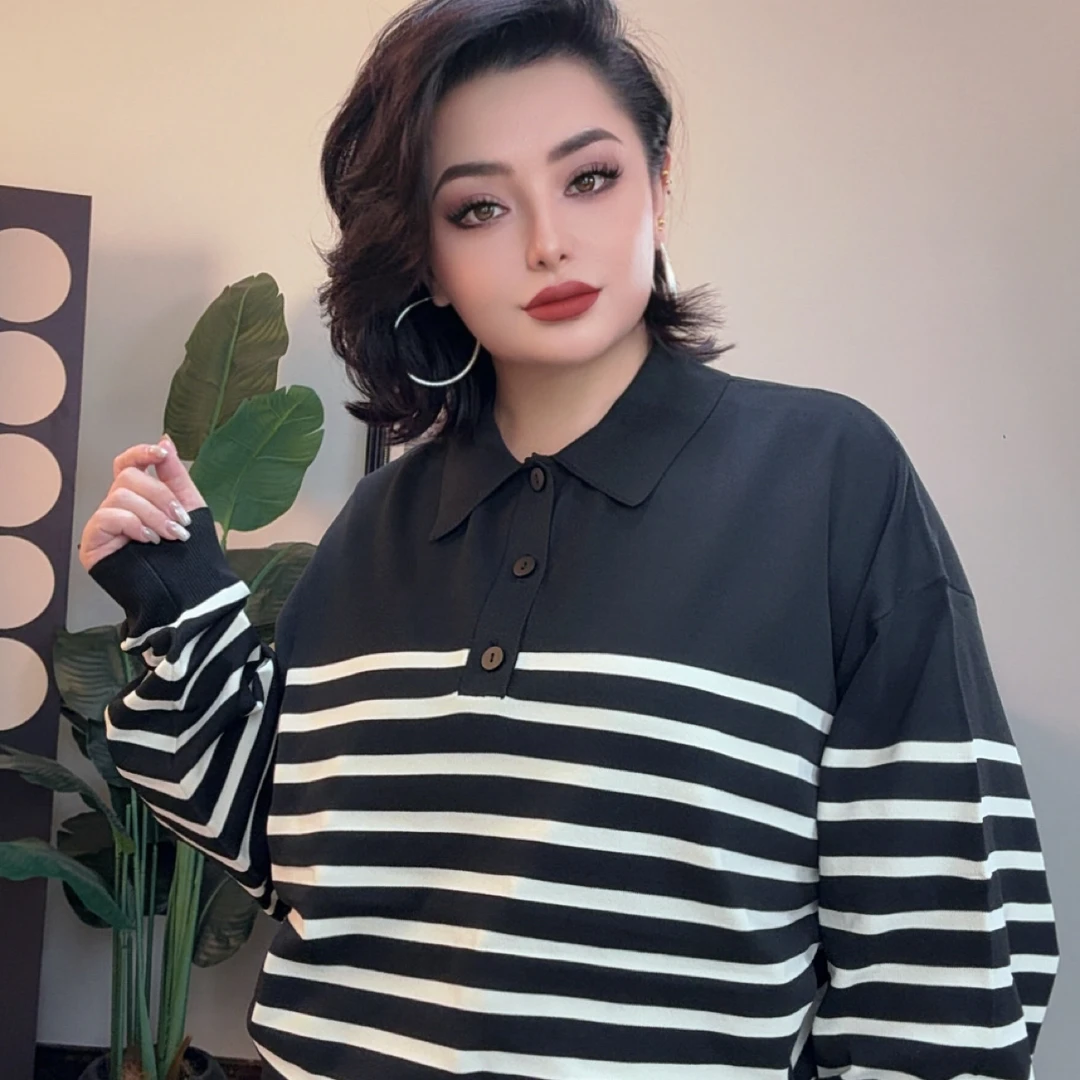 秋冬季针织宽松拼接polo翻领上衣