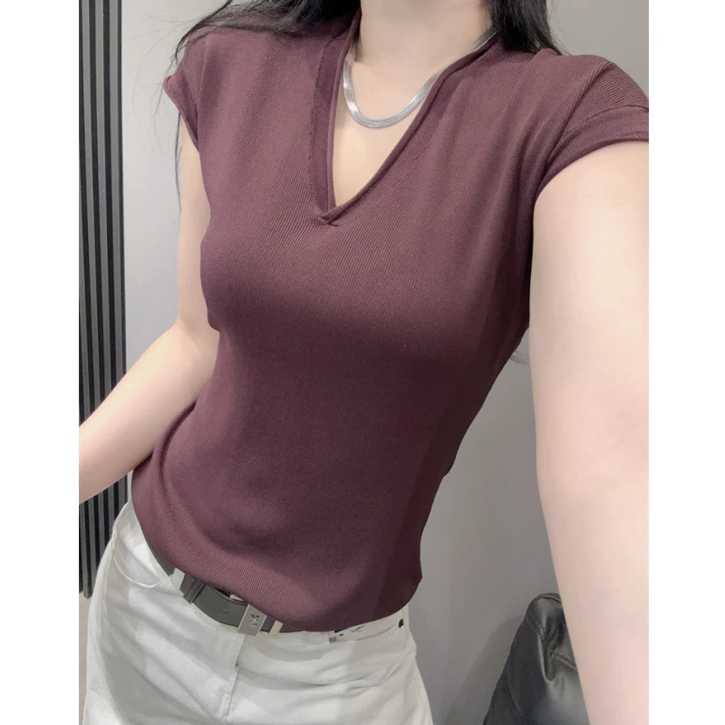 纯色简约V领短袖女冰丝针织衫欧货洋气百搭紧身弹力半袖上衣夏季