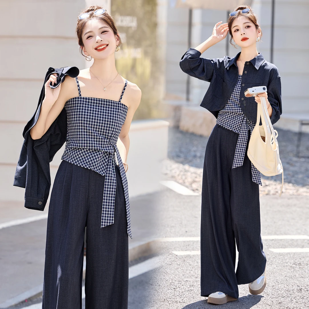 设计感气质牛仔套装女2025春秋新款短款外套格子吊带阔腿裤三件套