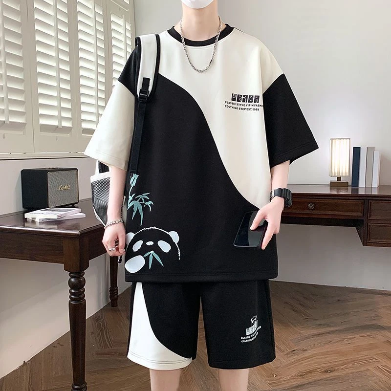 学生短袖t恤套装男生夏季宽松圆领体恤青少年潮牌印花半袖二件套