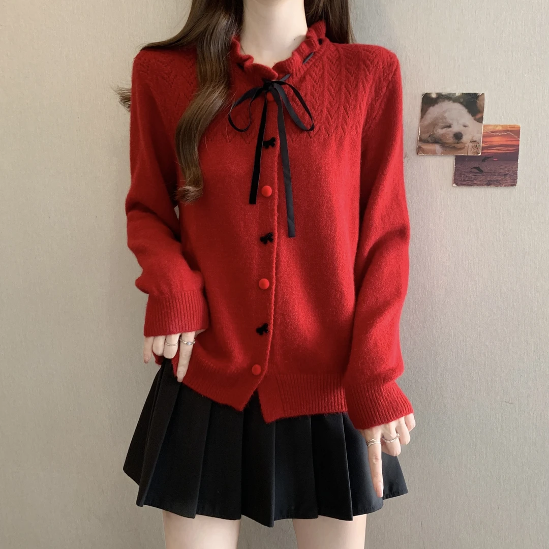 大码女装遮肚子独特漂亮系带毛衣女秋冬胖妹妹宽松显瘦百搭针织衫