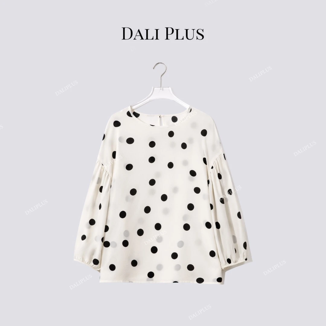 DALI PLUS“春季波点”高克重桑蚕丝圆领长袖印花慵懒衬衫-D5SZ8070