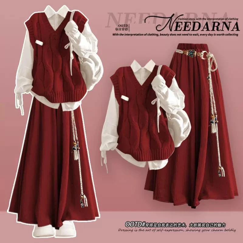 流行一整套2026秋冬新款时尚好看学院风韩系衬衫马甲半身裙三件套