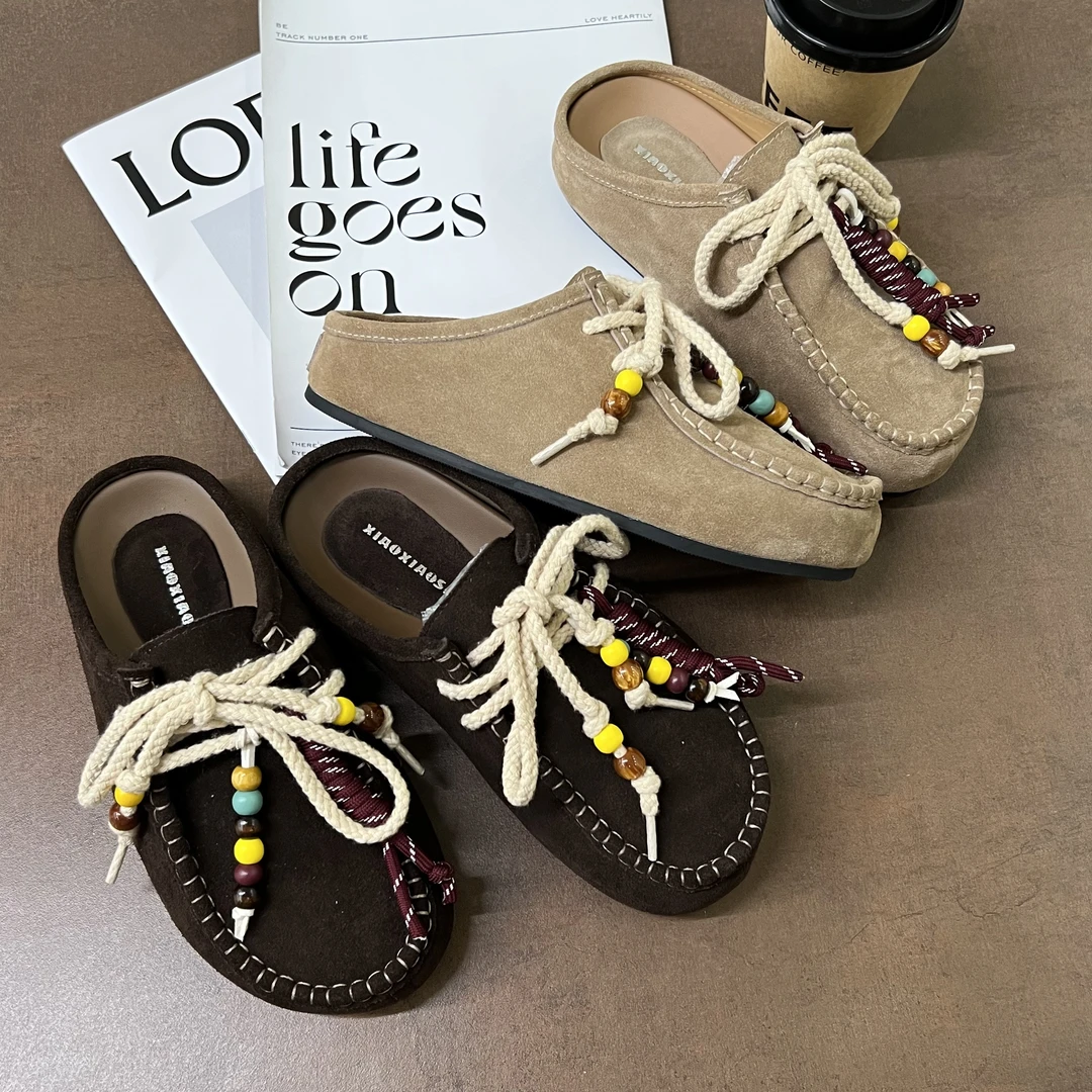 小小苏-初初-半拖串珠平跟鞋流苏乐福鞋软底包头;EXX55407